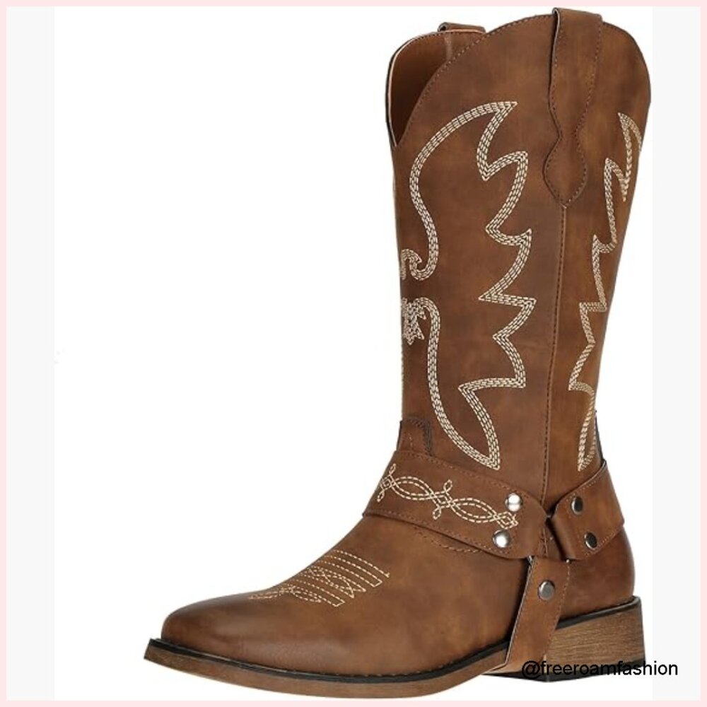 Wide Calf Square Toe Cowboy Boots Mid-Calf Western Fashion Shoes
